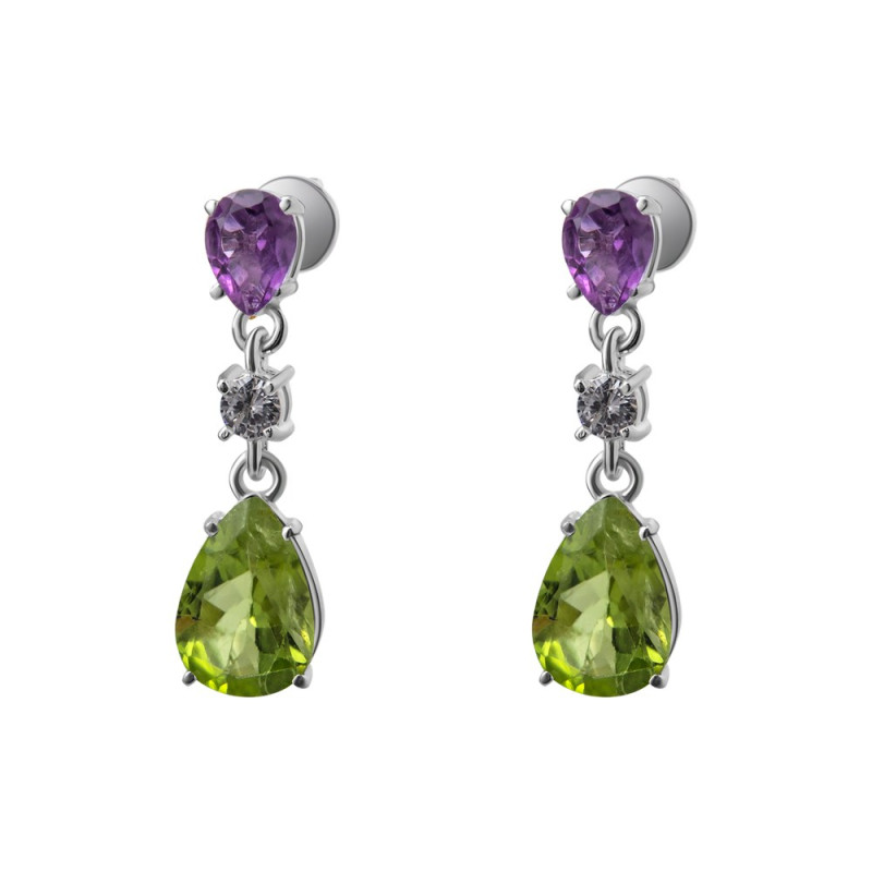 Silver earrings with peridot and amethyst inserts 111-536210