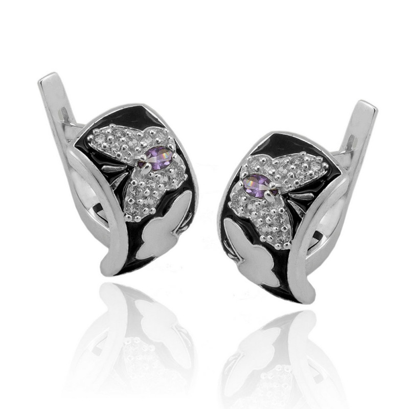 Silver earrings with inlays of cubic Zirconia and enamel Tiffani-6110-1020