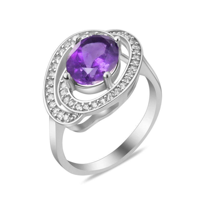Срібна каблучка з аметистом бразильським та фіанітом 065-6110