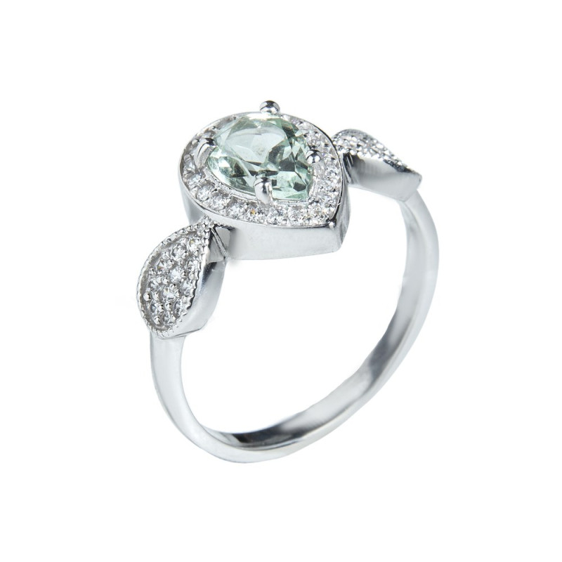 Серебряное кольцо со вставками зеленого кварца и фианита 080-6410