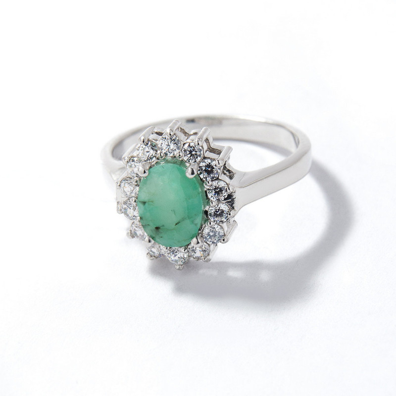 Silver ring with inlays of emeralds and Zirconia 012-7110