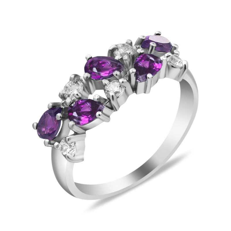 Срібна каблучка з аметистом бразильським та фіанітом 038-6110