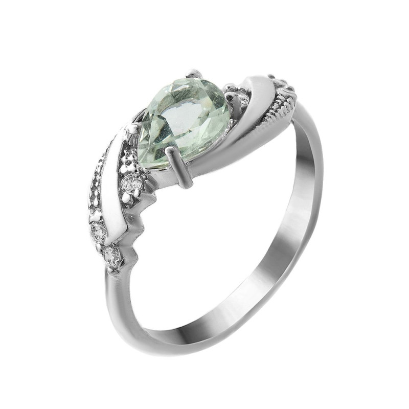 Silver ring, with inserts of green quartz and cubic Zirconia 095-6410