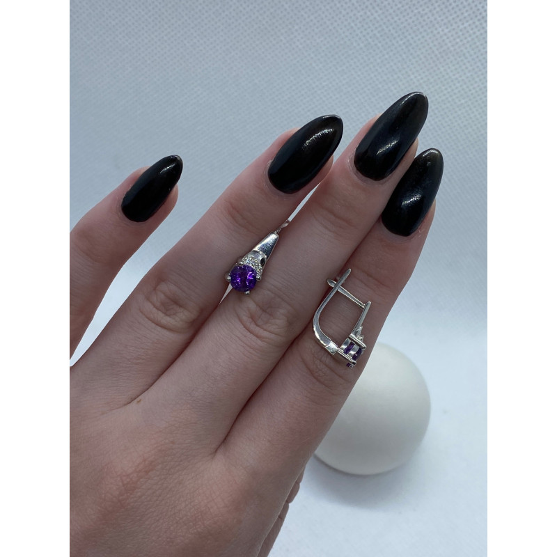 Срібні сережки з аметистом та фіанітом 033-6210