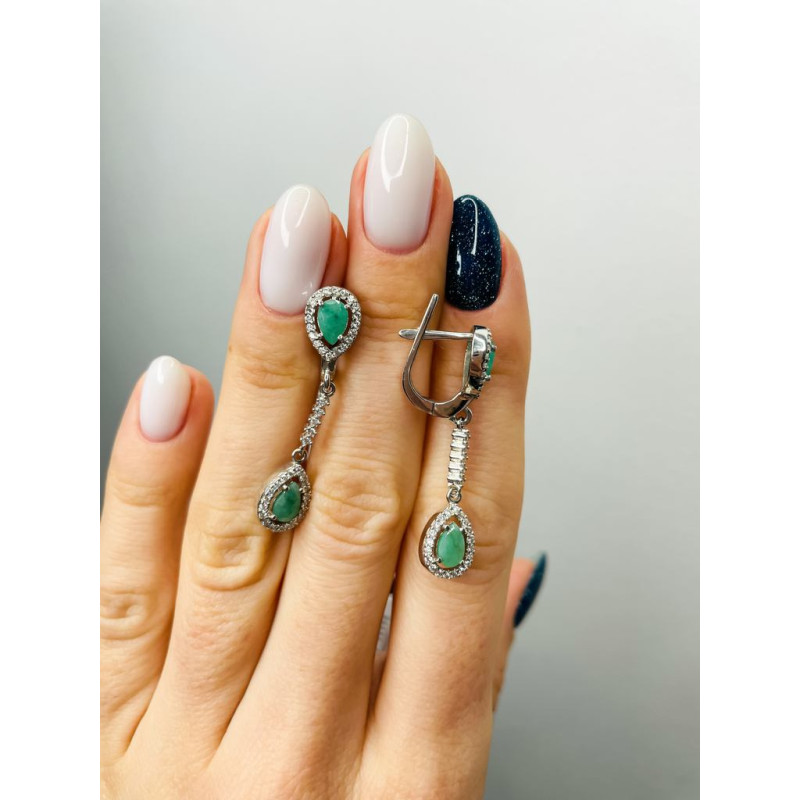 Срібні сережки з смарагдом та фіанітом 088-7110