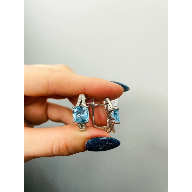 Срібні сережки з скай топазом та фіанітом 089-3910 