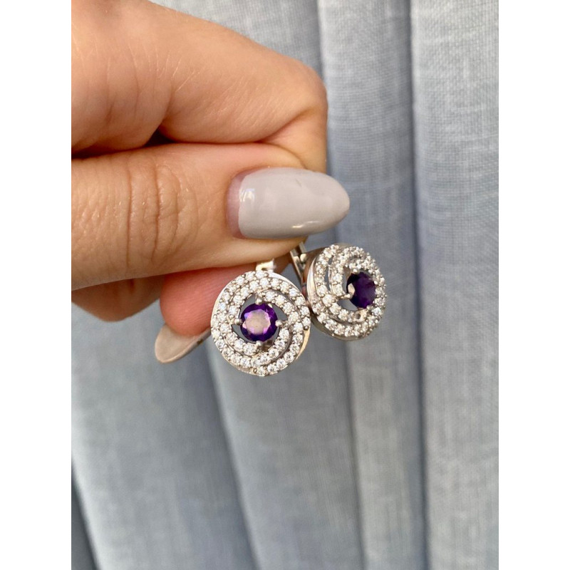 Срібні сережки з аметистом бразильським та фіанітом 005-6110
