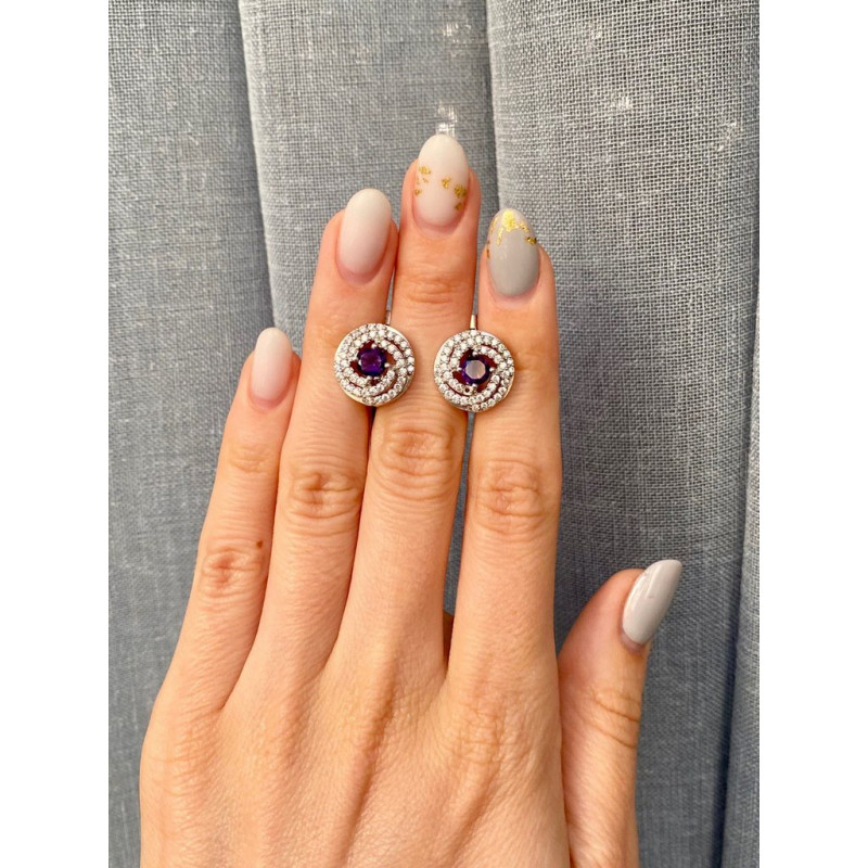 Срібні сережки з аметистом бразильським та фіанітом 005-6110