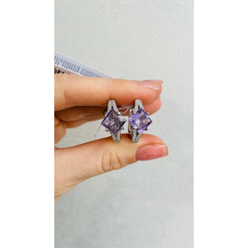 Срібні сережки з рожевим аметистом та фіанітом 089-6310
