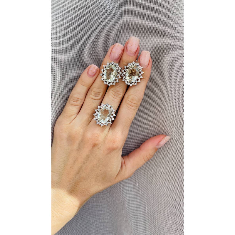 Срібні сережки з зеленим кварцем та фіанітом 170-6410