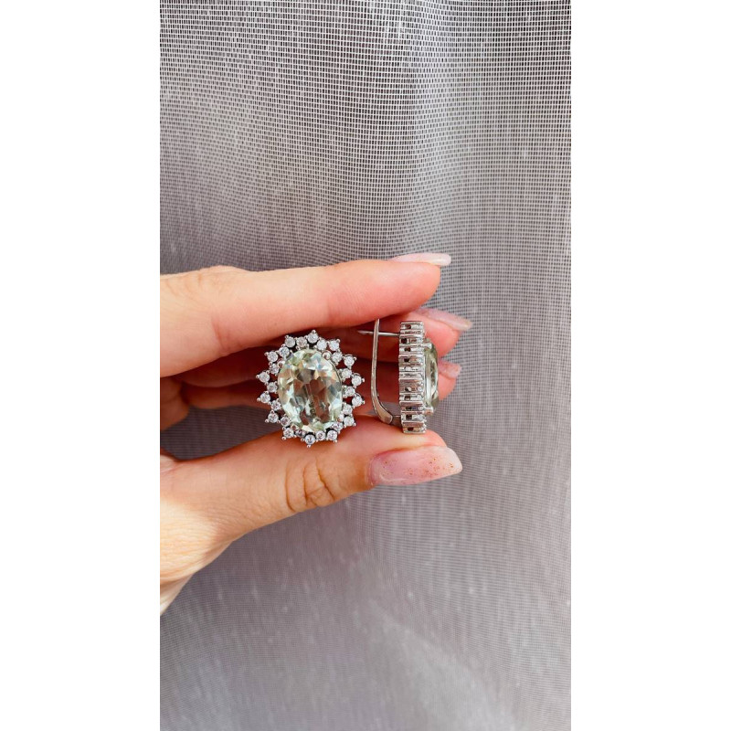 Срібні сережки з зеленим кварцем та фіанітом 170-6410