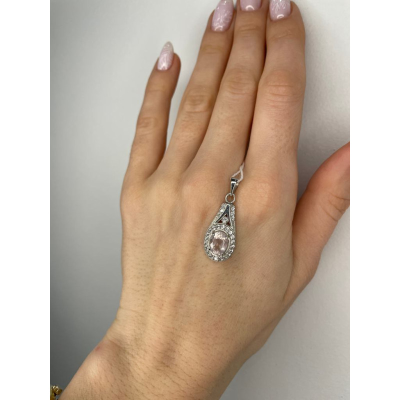 Срібний кулон з рожевим кварцем та фіанітом 165-4610 